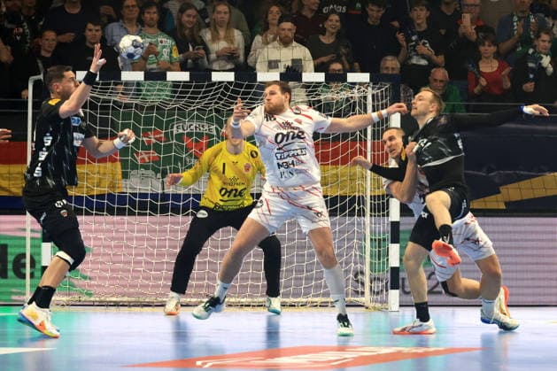 DEU, Machineseeker EHF Champions League, Fuechse Berlin vs One VeszprŽm HC, 06 05 2026, Max Schmeling Halle, Berlin, DEU, Machineseeker EHF Champions League, Fuechse Berlin vs One VeszprŽm HC, in the picture Mijajlo Marsenic Fuechse Berlin 93 , Mathias Gidsel Fuechse Berlin 19 , Dragan Pechmalbec Veszprem 46 nordphotoxGmbHx xEngler nph00076