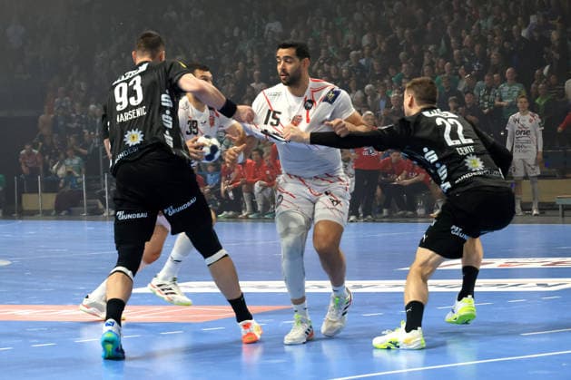 DEU, Machineseeker EHF Champions League, Fuechse Berlin vs One VeszprŽm HC, 06 05 2026, Max Schmeling Halle, Berlin, DEU, Machineseeker EHF Champions League, Fuechse Berlin vs One VeszprŽm HC, in the picture Mijajlo Marsenic Fuechse Berlin 93 , Nejc Cehte Fuechse Berlin 22 , Ahmed Hesham Veszprem 15 nordphotoxGmbHx xEngler nph00076