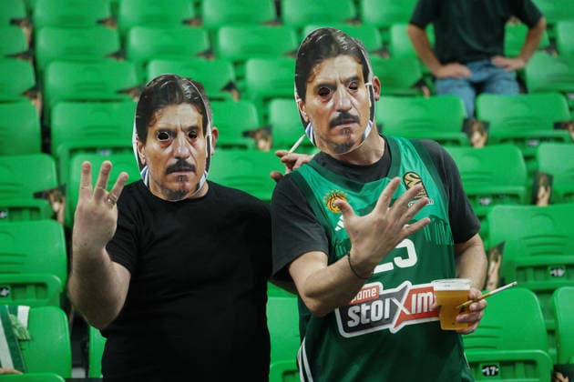 May 6, 2026, Athens, Athens, Greece: Panathinaikos supporters wear masks featuring the face of Panathinaikos owner Dimitris Giannakopoulos during the EuroLeague Playoffs Game 3 between Panathinaikos and Valencia at Telekom Center Athens in Athens, Greece on May 6, 2026. EuroLeague Playoffs: Panathinaikos Vs Valencia  - ZUMAa226 20260506_zip_a226_001 Copyright: xGiorgosxArapekosx