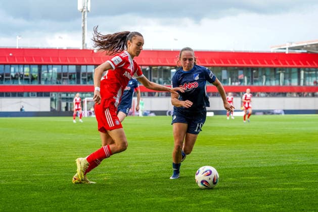 Natalia Padilla Bidas 23 Bayern and Marie Steiner 19 Hoffenheim in action at the Google Pixel Womens Bundesliga match FC Bayern Munich TSG Hoffenheim on 06 05 2026 Munich FC Bayern Campus Bayern Germany