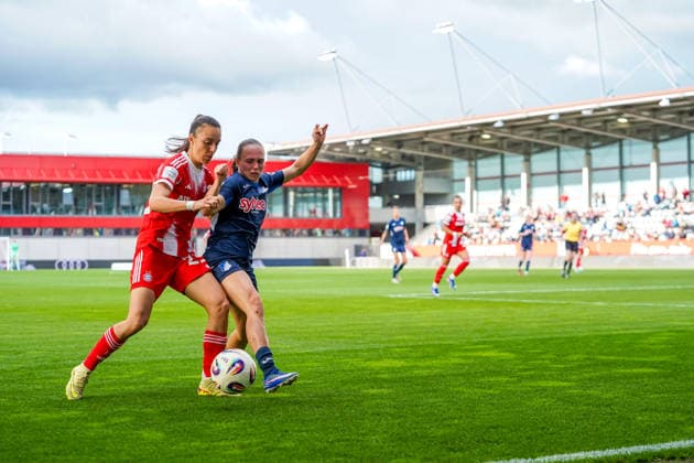 Natalia Padilla Bidas 23 Bayern and Marie Steiner 19 Hoffenheim in action at the Google Pixel Womens Bundesliga match FC Bayern Munich TSG Hoffenheim on 06 05 2026 Munich FC Bayern Campus Bayern Germany