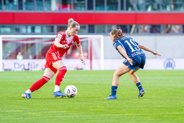 Franziska Kett 20 Bayern and Marie Steiner 19 Hoffenheim in action at the Google Pixel Womens Bundesliga match FC Bayern Munich TSG Hoffenheim on 06 05 2026 Munich FC Bayern Campus Bayern Germany