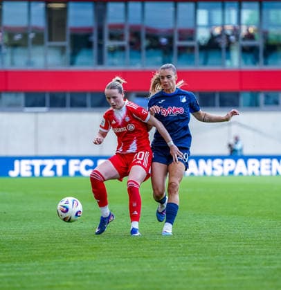 Franziska Kett 20 Bayern and Selina Cerci 29 Hoffenheim in action at the Google Pixel Womens Bundesliga match FC Bayern Munich TSG Hoffenheim on 06 05 2026 Munich FC Bayern Campus Bayern Germany