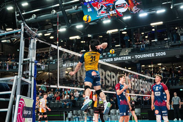 Volleyball I Men I Season 2025 2026 I Bundesliga I Final I SVG Lüneburg Berlin Recycling Volleys I 06 05 2026 Sho Takahashi 21, SVG Lüneburg hitting the ball Copyright: xLobeca Björn-OlexKehmx