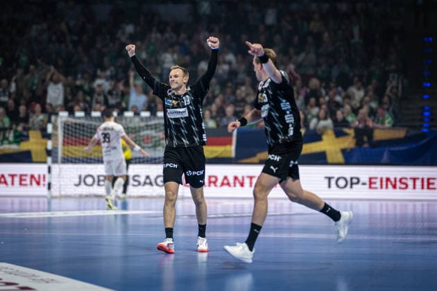 Handball Berlin 06 05 2026 Season 2025 2026 Champions League Champions League Men, Men Quarterfinals Second leg Füchse Berlin One Veszprem HC Jubel Füchse Mathias Gidsel Füchse Berlin, No 19 Max Darj Füchse Berlin, No 05