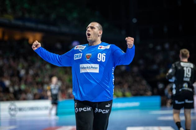 Handball Berlin 06 05 2026 Season 2025 2026 Champions League Champions League Men, Men Quarterfinals Second leg Füchse Berlin One Veszprem HC Jubel Füchse Dejan Milosavljev Füchse Berlin, TW, No 96