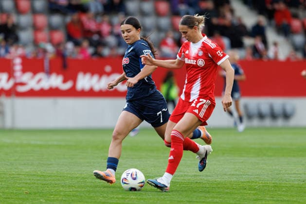 Naomi Luyet 7, TSG 1899 Hoffenheim and Klara Bühl 17, FC Bayern Munich at the match between FC Bayern Munich v TSG 1899 Hoffenheim, Football, Women, Google Pixel Women Bundesliga, 2025 2026, 24 Matchday on 06 05 2026 in Munich, FC Bayern Campus DFL and DFB regulations prohibit any use of photographs as image sequences and or quasi video Bayern Germany