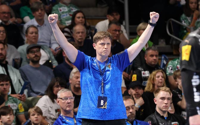Coach Nicolej Krickau cheers, cheers action upper body Sport Handball CL Champions League Champions League Mens quarter-final second leg season 2025 2026 06 05 2026 Füchse Berlin vs Veszprem HC in the Max Schmeling Halle