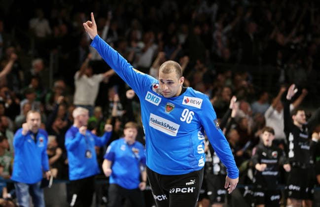 Goalkeeper Dejan Milosavljev celebrates after a save Joy Emotion Cheers Sport Handball CL Champions League Champions League Mens Quarterfinal Second leg Season 2025 2026 06 05 2026 Füchse Berlin vs Veszprem HC in the Max Schmeling Halle