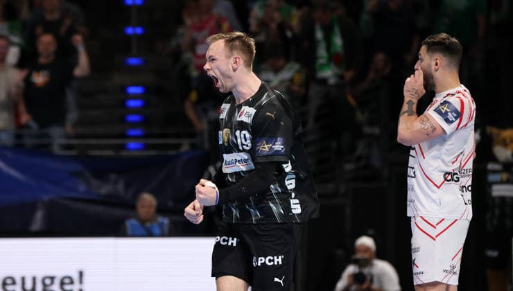 Mathias Gidsel celebrates after scoring, Hugo Descat disappointed Joy Emotion Jubilation Sport Handball CL Champions League Champions League Mens quarter-final second leg season 2025 2026 06 05 2026 Füchse Berlin vs Veszprem HC in the Max Schmeling Halle
