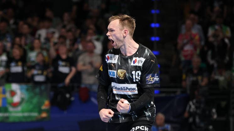 Mathias Gidsel cheers after scoring Joy Emotion Cheering Sport Handball CL Champions League Champions League Mens quarter-final second leg season 2025 2026 06 05 2026 Füchse Berlin vs Veszprem HC in the Max Schmeling Halle
