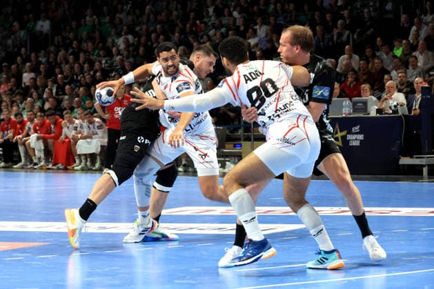 DEU, Machineseeker EHF Champions League, Fuechse Berlin vs One VeszprŽm HC, 06 05 2026, Max Schmeling Halle, Berlin, DEU, Machineseeker EHF Champions League, Fuechse Berlin vs One VeszprŽm HC, in the picture Mijajlo Marsenic Fuechse Berlin 93 , Max Darj Fuechse Berlin 5 , Ahmed Hesham Veszprem 15 , Ahmed Adel Veszprem 80 nordphotoxGmbHx xEngler nph00076