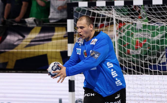 Goalkeeper Dejan Milosavljev cheers in the penalty shootout Joy Emotion Cheering Sport Handball CL Champions League Champions League Mens quarter-final second leg season 2025 2026 06 05 2026 Füchse Berlin vs Veszprem HC in the Max Schmeling Halle