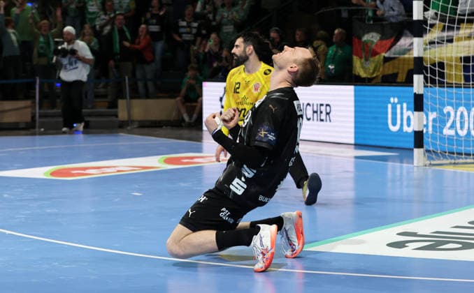 Mathias Gidsel cheers after the end of the game Joy Emotion Sport Handball CL Champions League Champions League Mens quarter-final second leg season 2025 2026 06 05 2026 Füchse Berlin vs Veszprem HC in the Max Schmeling Halle