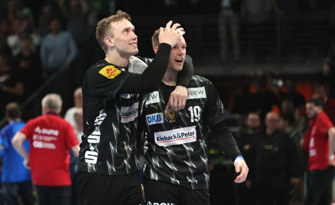 Lasse Andersson, Mathias Gidsel cheer after the end of the game Joy Emotion Sport Handball CL Champions League Champions League Mens quarter-final second leg season 2025 2026 06 05 2026 Füchse Berlin vs Veszprem HC in the Max Schmeling Halle