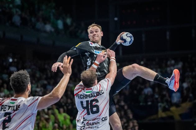 Handball Berlin 06 05 2026 Season 2025 2026 Champions League Champions League Men, Men Quarter-final second leg Füchse Berlin One Veszprem HC Füchse win on seven-metre penalty Mathias Gidsel Füchse Berlin, No 19 with the decisive seven-metre penalty