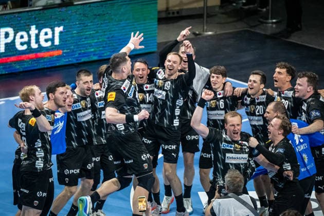 Handball Berlin 06 05 2026 Season 2025 2026 Champions League Champions League Men, Men Quarter-final second leg Füchse Berlin One Veszprem HC Füchse win on seven-metre penalty Mathias Gidsel Füchse Berlin, No 19 with the decisive seven-metre penalty