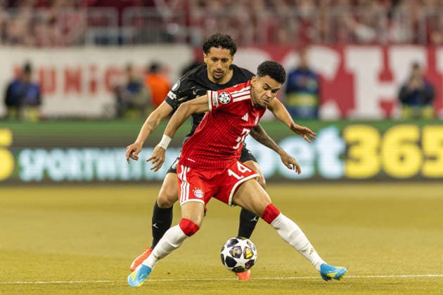Marquinhos FC Paris Saint Germain and Luis Diaz FC Bayern München battle for the ball during the UEFA Champions League 2025 26 Semi Final Second Leg match between FC Bayern München and Paris Saint Germain at Football Arena Munich on May 6, 2026 in Munich, Germany