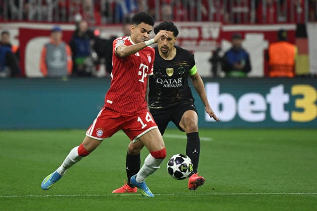 06 05 2026, xemx, Football UEFA Champions League 1 2 Final, FC Bayern Muenchen Paris St Germain v l Luis Diaz FC Bayern Muenchen Marquinhos Paris St Germain duel, action, action, battle for the ball DFL DFB REGULATIONS PROHIBIT ANY USE OF PHOTOGRAPHS as IMAGE SEQUENCES and or QUASI VIDEO Muenchen