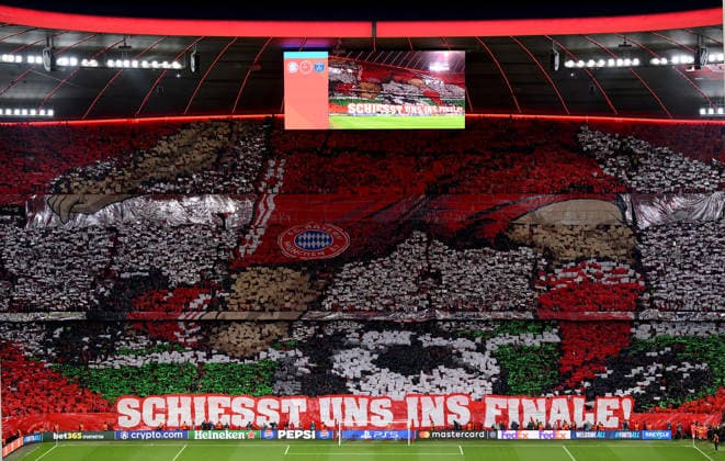 FOOTBALL CHAMPIONS LEAGUE SEASON 2025 2026 semi-final second leg 06 05 2026 FC Bayern Muenchen Paris Saint Germain Choreography of the FC Bayern fans in the south curve of the Allianz Arena SHOOTS US INTO THE FINAL