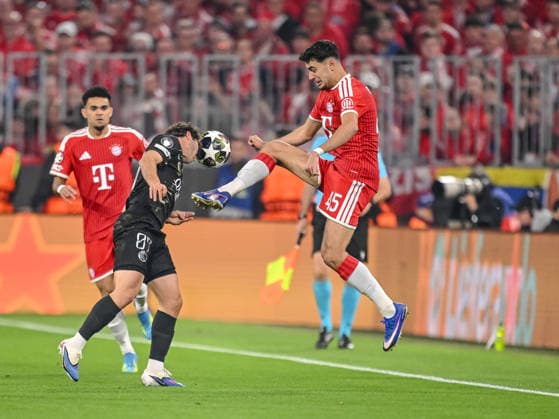 Joao Neves Paris Saint Germain FC and Aleksandar PavloviÄ‡ FC Bayern München battle for the ball during the UEFA Champions League 2025 26 Semi Final Second Leg match between FC Bayern München and Paris Saint Germain at Football Arena Munich on May 6, 2026 in Munich, Germany Photo by Harry Langer DeFodi Images