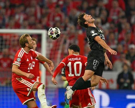 06 05 2026, Football UEFA Championsleague 2025 2026 semi-final second leg, FC Bayern Munich Paris St Germain, at Allianz Arena Munich, f l Harry Kane FC Bayern Munich , Jamal Musiala Bayern Munich and Joao Neves FC Paris Saint Germain DFL and DFB regulations prohibit any use of photographs as image sequences and or quasi video