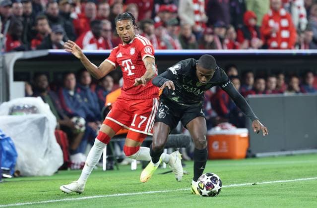 GER, CL Semifinal FC Bayern Muenchen GER vs Paris Saint Germain FRA 06 05 2026, Allianz Arena, Munich, GER, CL Semifinal FC Bayern Muenchen GER vs Paris Saint Germain FRA , picture shows Michael Olise FC Bayern Muenchen 17 in duel against Nuno Mendes FC Paris Saint 25 nordphotoxGmbHx xSchneider nph00003