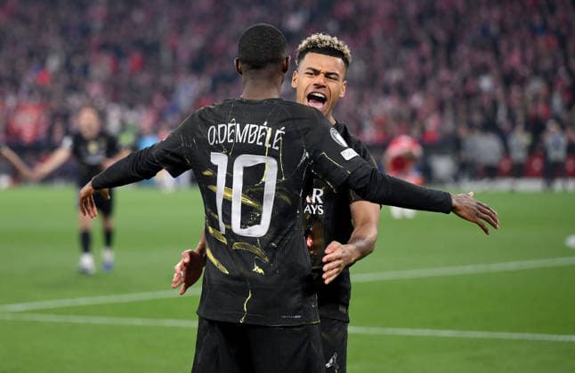 FOOTBALL CHAMPIONS LEAGUE SEASON 2025 2026 semi-final second leg 06 05 2026 FC Bayern Muenchen Paris Saint Germain cheering Paris Saint Germain after the goal to 0 1, from left, goal scorer Ousmane Dembele Paris Saint Germain Desire Doue Paris Saint Germain