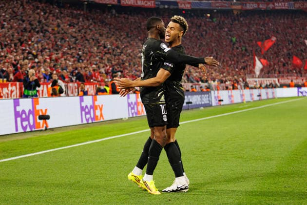 Ousmane Dembele and Desire Doue seen celebrating after scoring goal during UEFA Champions League semifinal game between teams o FC Bayern Munchen and Paris Saint-Germain (Grzegorz Wajda Ball Raw Images) Munich Allianz Arena Germany Copyright: xGrzegorzxWajdax grzegorzwajda_bayern_psg_2526_2-5