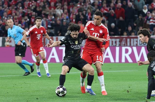 GER, CL Semifinal FC Bayern Muenchen GER vs Paris Saint Germain FRA 06 05 2026, Allianz Arena, Munich, GER, CL Semifinal FC Bayern Muenchen GER vs Paris Saint Germain FRA , picture shows Vitinha FC Paris Saint 17 in duel against Jamal Musiala FC Bayern Muenchen 10 nordphotoxGmbHx xSchneider nph00003