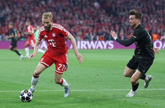 GER, CL Semifinal FC Bayern Muenchen GER vs Paris Saint Germain FRA 06 05 2026, Allianz Arena, Munich, GER, CL Semifinal FC Bayern Muenchen GER vs Paris Saint Germain FRA , picture shows Konrad Laimer FC Bayern Muenchen 27 in duel against Fabian Ruiz Fabian Ruiz FC Paris Saint 08 nordphotoxGmbHx xSchneider nph00003
