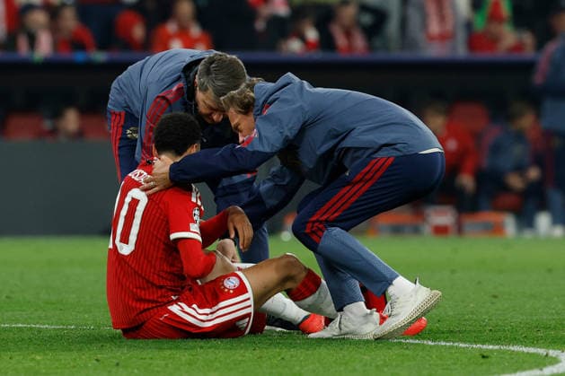 06 05 2026, xjrdrx, Football UEFA Champions League 1 2 Final, FC Bayern Muenchen Paris St Germain v l Jamal Musiala FC Bayern Muenchen injured, injury, pain, pain DFL DFB REGULATIONS PROHIBIT ANY USE OF PHOTOGRAPHS as IMAGE SEQUENCES and or QUASI VIDEO Muenchen