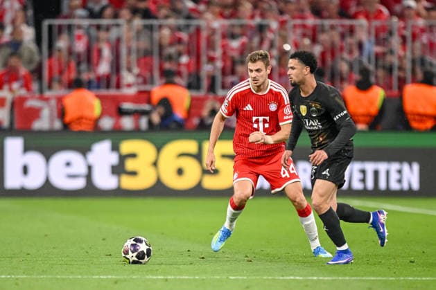 Josip Staniöic FC Bayern Munich and Warren Zaire Emery Paris Saint Germain FC battle for the ball during the UEFA Champions League 2025 26 Semi Final Second Leg match between FC Bayern Munich and Paris Saint Germain at Football Arena Munich on May 6, 2026 in Munich, Germany Photo by Harry Langer DeFodi Images
