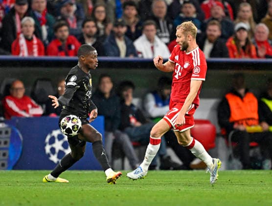 06 05 2026, Football UEFA Championsleague 2025 2026 semi-final second leg, FC Bayern Munich Paris St Germain, in the Allianz Arena Munich, Konrad Laimer FC Bayern Munich shoots at DFL and DFB regulations prohibit any use of photographs as image sequences and or quasi video