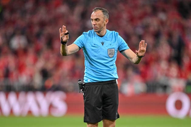 Referee Joao Pinheiro gestures during the UEFA Champions League 2025 26 Semi Final Second Leg match between FC Bayern München and Paris Saint Germain at Football Arena Munich on May 6, 2026 in Munich, Germany Photo by Harry Langer DeFodi Images
