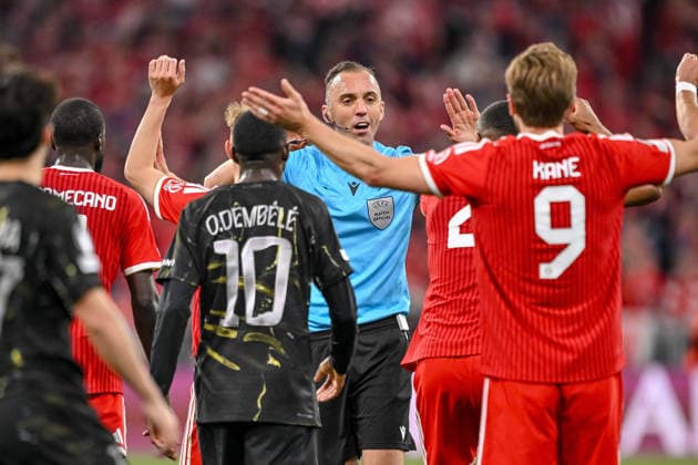 Referee Joao Pinheiro gestures during the UEFA Champions League 2025 26 Semi Final Second Leg match between FC Bayern München and Paris Saint Germain at Football Arena Munich on May 6, 2026 in Munich, Germany Photo by Harry Langer DeFodi Images