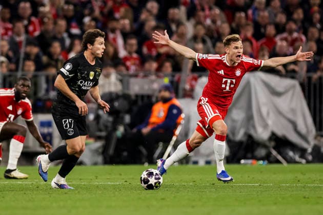 MUNICH, GERMANY - MAY 6: Joao Neves (FC Paris Saint-Germain, 87) controls the ball while Joshua Kimmich (FC Bayern Muenchen, 6) gestures and shouts angrily during the UEFA Champions League Semi-Final between FC Bayern Muenchen vs Paris Saint-Germain at Allianz Arena at Semi-Finals 2nd leg of the UEFA Champions League on May 6, 2026 in Munich, Germany. Bavaria Germany Copyright: xSteffiexWunderlx