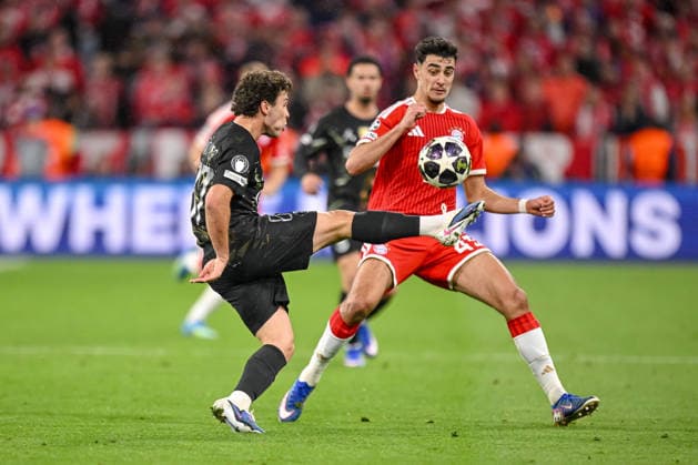 Joao Neves Paris Saint Germain FC and Aleksandar PavloviÄ‡ FC Bayern München battle for the ball during the UEFA Champions League 2025 26 Semi Final Second Leg match between FC Bayern München and Paris Saint Germain at Football Arena Munich on May 6, 2026 in Munich, Germany Photo by Harry Langer DeFodi Images