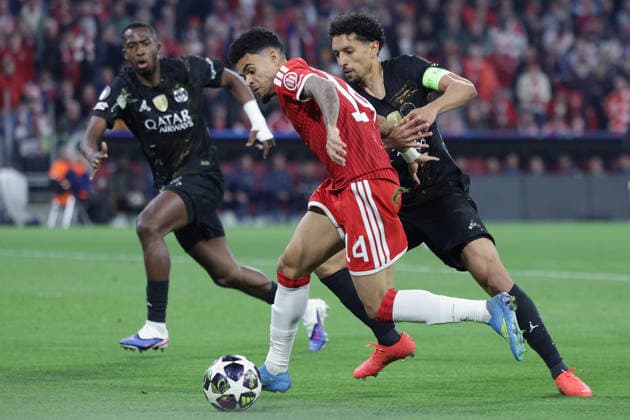 Soccer UEFA Champions League semi-final second leg FC Bayern Munich Paris Saint Germain on 06 05 2026 at the Allianz Arena in Munich Luis Diaz Munich , front Marquinhos Paris , back xJRx