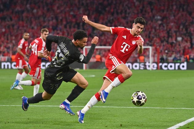 Aleksandar PAVLOVIC Bayern Muenchen , action,duel against Warren Zaire Emery PSG Football Champions League,season 2025 26, semi-final FC Bayern Muenchen Paris Saint Germain PSG on 06 05 2026 A L L I A N Z A R E N A