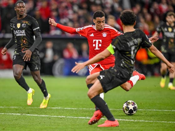 Jamal Musiala FC Bayern Munich and Marquinhos Paris Saint Germain FC battle for the ball during the UEFA Champions League 2025 26 Semi Final Second Leg match between FC Bayern Munich and Paris Saint Germain at Football Arena Munich on May 6, 2026 in Munich, Germany Photo by Harry Langer DeFodi Images
