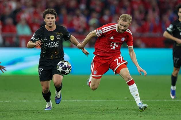 in duel, action, with Joao Neves 87 Paris Saint Germain , Konrad Laimer 27 FC Bayern Muenchen , FC Bayern Muenchen vs Paris Saint Germain, football, UEFA, Champions League, semi-final, second leg, 06 05 2026 Muenchen Bayern Germany Copyright: xkolbert-press ChristianxKolbertx