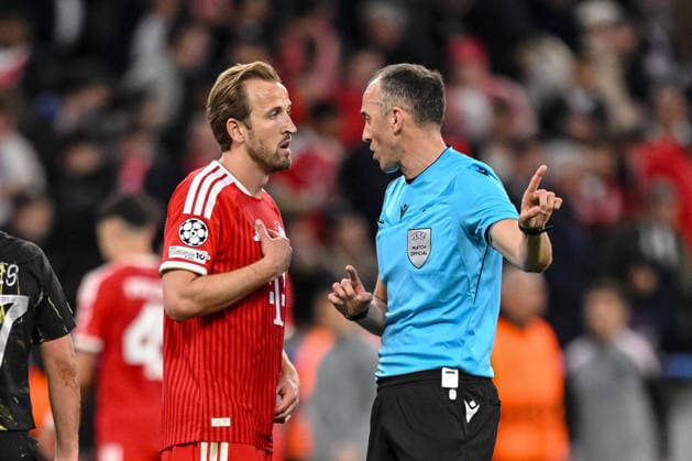 Harry Kane FC Bayern Munich and referee Joao Pinheiro gestures during the UEFA Champions League 2025 26 Semi Final Second Leg match between FC Bayern Munich and Paris Saint Germain at Football Arena Munich on May 6, 2026 in Munich, Germany Photo by Harry Langer DeFodi Images