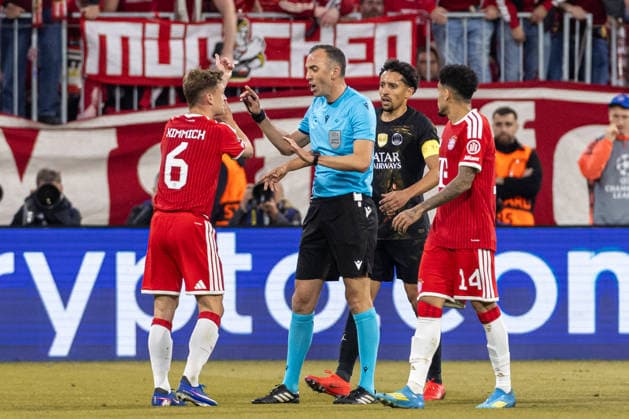 Joshua Kimmich FC Bayern Munich and referee Joao Pinheiro discusses during the UEFA Champions League 2025 26 Semi Final Second Leg match between FC Bayern Munich and Paris Saint Germain at Football Arena Munich on May 6, 2026 in Munich, Germany