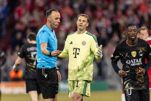 Goalkeeper Manuel Neuer FC Bayern Munich looks on during the UEFA Champions League 2025 26 Semi Final Second Leg match between FC Bayern Munich and Paris Saint Germain at Football Arena Munich on May 6, 2026 in Munich, Germany