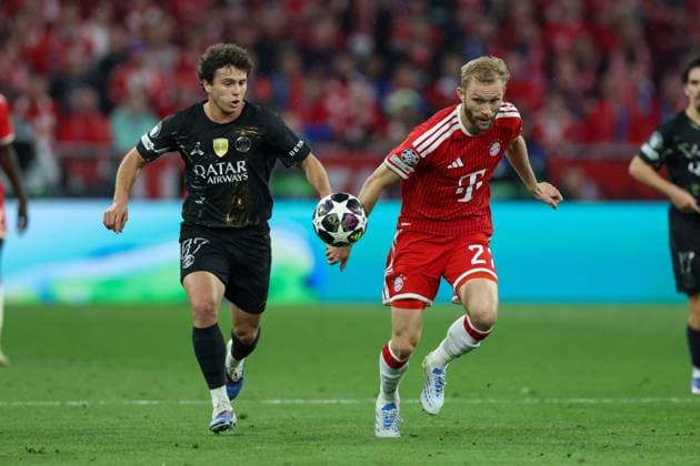 in duel, action, with Joao Neves 87 Paris Saint Germain , Konrad Laimer 27 FC Bayern Muenchen , FC Bayern Muenchen vs Paris Saint Germain, football, UEFA, Champions League, semi-final, second leg, 06 05 2026 Muenchen Bayern Germany Copyright: xkolbert-press ChristianxKolbertx