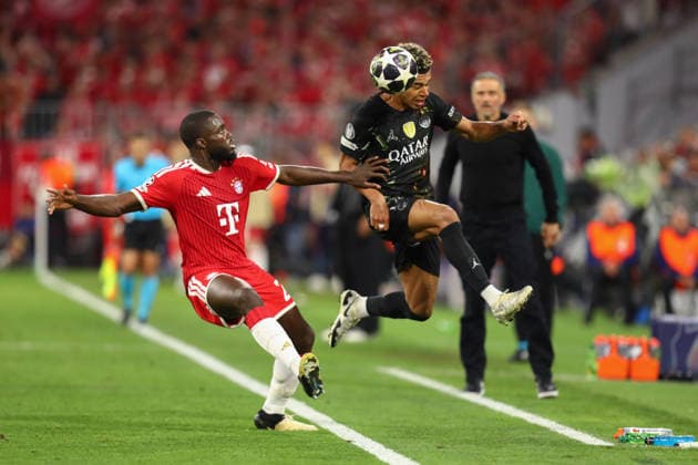 May 6, 2026, Munich, Bavaria, Germany: DAYOT UPAMECANO of Bayern and DESIRE DOUE of PSG contest the ball in the UEFA Champions League 2025 26 Semi-final Leg 2 game between Bayern Munich and Paris Saint-Germain at the Allianz Arena in Munich, Germany. Soccer 2026: Champions League: Bayern Munich - PSG  - ZUMAc179 20260506_zep_c179_010 Copyright: xMickaelxChavetx