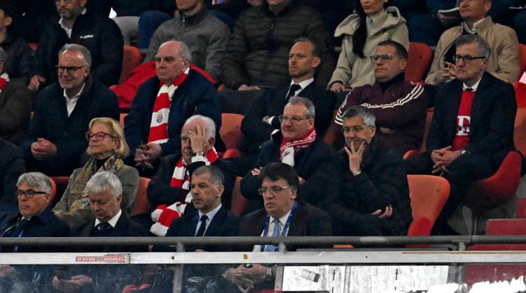 06 05 2026, Football UEFA Championsleague 2025 2026 semi-final second leg, FC Bayern Munich Paris St Germain, in the Allianz Arena Munich, from left former Chairman of the Board Karl Heinz Rummenigge FC Bayern Munich , Honorary President Uli Hoeneß FC Bayern Munich, Hoeness , x, Chief Sports Officer Max Eberl Bayern Munich and Chairman of the Board Jan Christian Dreesen FC Bayern Munich and below President Herbert Hainer FC Bayern DFL and DFB regulations prohibit any use of photographs as image sequences and or quasi video