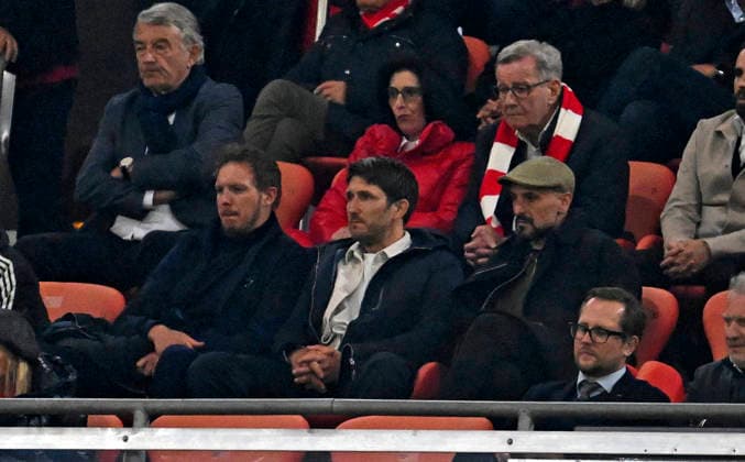 06 05 2026, Football UEFA Championsleague 2025 2026 semi-final second leg, FC Bayern Munich Paris St Germain, at Allianz Arena Munich, from left coach Julian Nagelsmann Germany , co-coach Benjamin Glück Germany and Antonio di Salvo Germany DFL and DFB regulations prohibit any use of photographs as image sequences and or quasi video