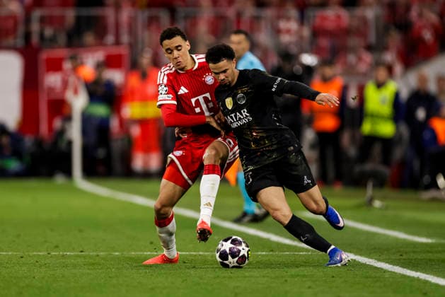 MUNICH, GERMANY - MAY 6: Warren Zaire-Emery (FC Paris Saint-Germain, 33) challenged by Jamal Musiala (FC Bayern Muenchen, 10) during the UEFA Champions League Semi-Final between FC Bayern Muenchen vs Paris Saint-Germain at Allianz Arena at Semi-Finals 2nd leg of the UEFA Champions League on May 6, 2026 in Munich, Germany. Bavaria Germany Copyright: xSteffiexWunderlx